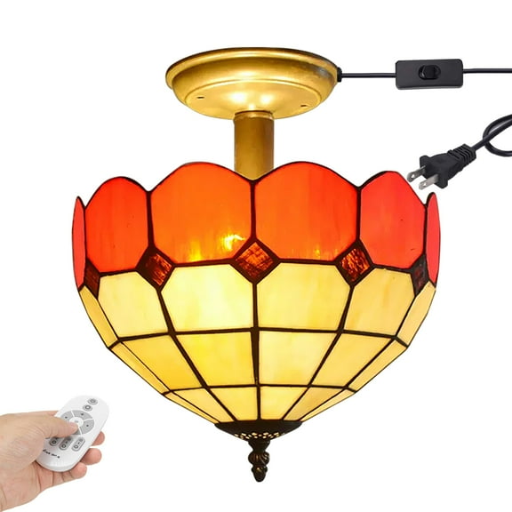 Kiven 11.8in Plug-in Flush Mount Ceiling Light Fixture, 2-Light Anti Glare Close to Ceiling Light with 15FT Cord, Tiffany-Style Glass Chandelier Dimmable for Bedroom Kitchen Hallway(No.3196)
