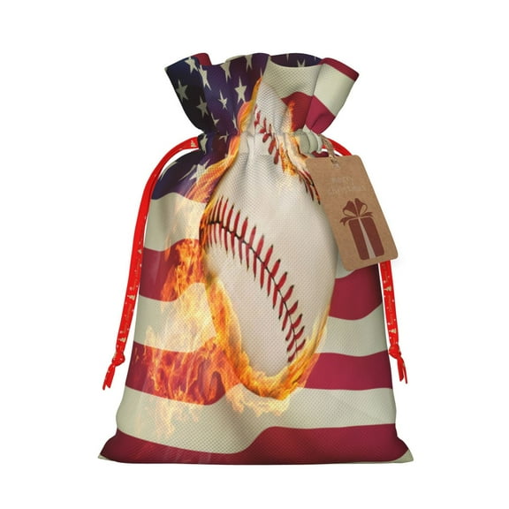 Naloa Baseball Ball With Flag Drawstring Christmas Bags, 3D Xmas Gift Bags, Christmas Wrapping Bags, Xmas Goodie Bags, Treat Pouch Bags, Party Favor Bags-Medium