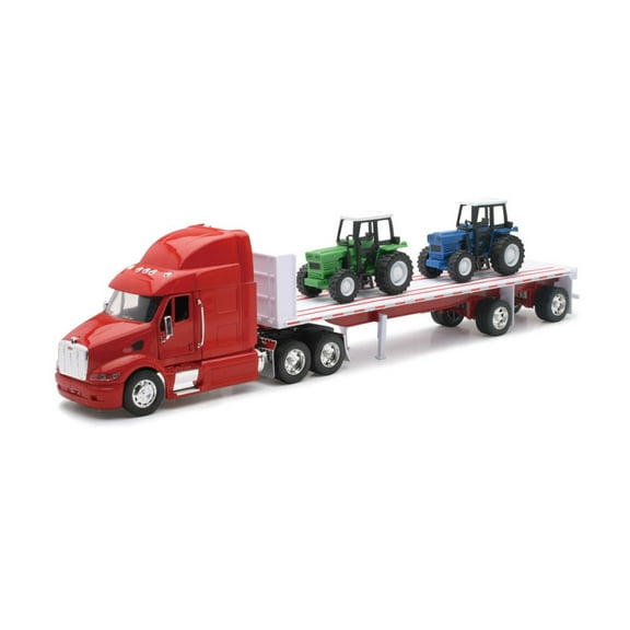 Peterbilt 387 Flatbed with Farm Tractors, Red - New Ray 10283A - 1/32 scale Diecast Replica