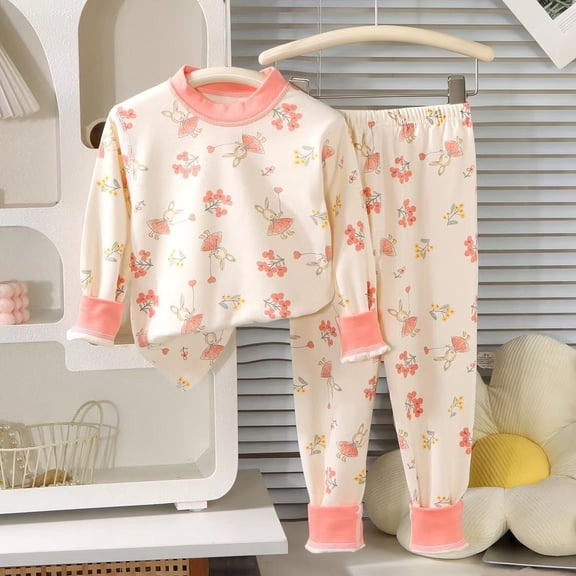 Vooncas Girls Bunny Floral Print 2-Piece Pajama Set, Long Sleeve Crew Neck Soft Stretch Casual Loungewear Outfit for Kids Girls,Size 3 T