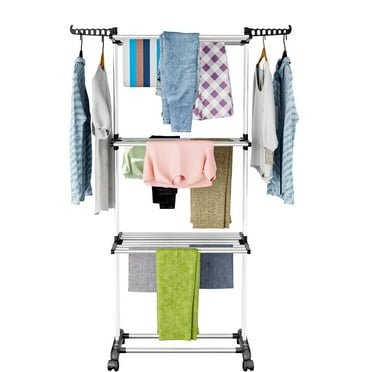 Flngr Clothes Drying Rack, 4-Tier Foldable Laundry Drying Rack, Stainless Steel Garment Clothes Dryer Indoor or Outdoor Standing Clothing Rack with Wheels