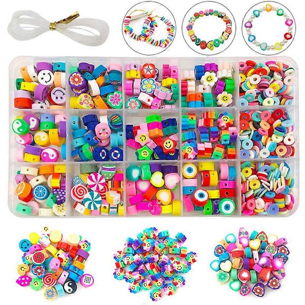 Set of 990 soft ceramic beads, handmade DIY bead set with fruit, heart, star, butterfly, butterfly, soft beads, craft beads, resin heart pendant, poly