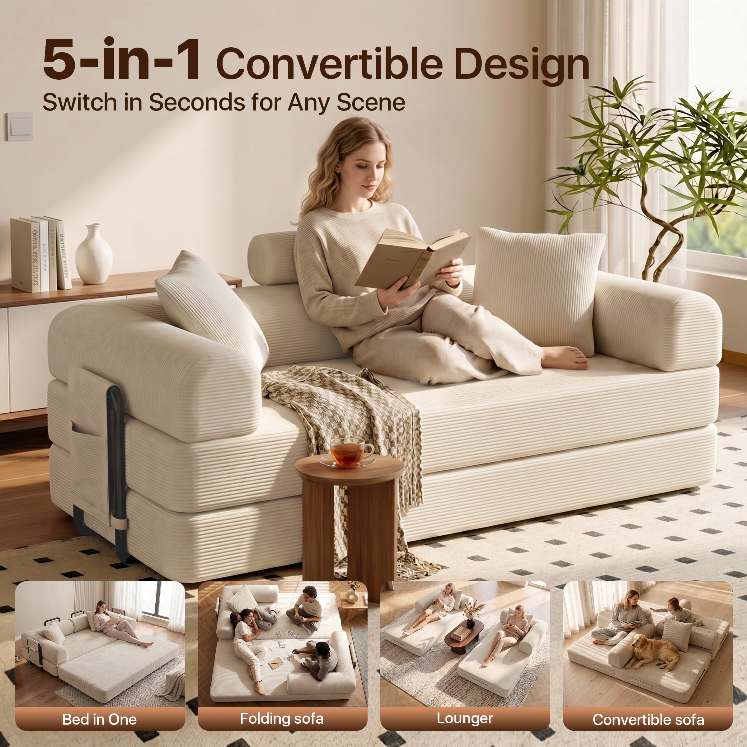 CATGOOD 78" Convertible Sofa Bed with Storage Bag, Sectional Couch for Living Room, Sleeper Loveseat Free Assembly, White