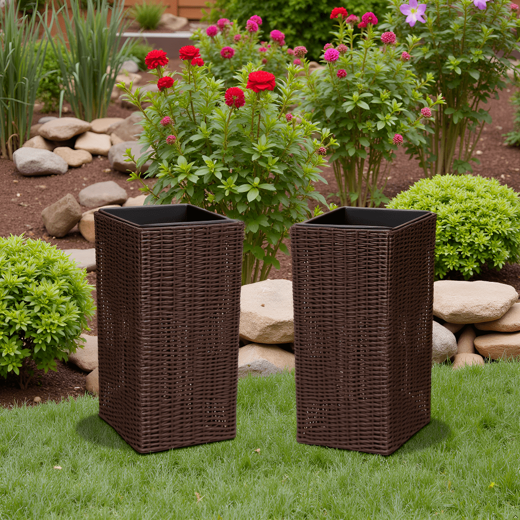 Vulcan Sierra Square Wicker Planter 2-piece Set in Brown