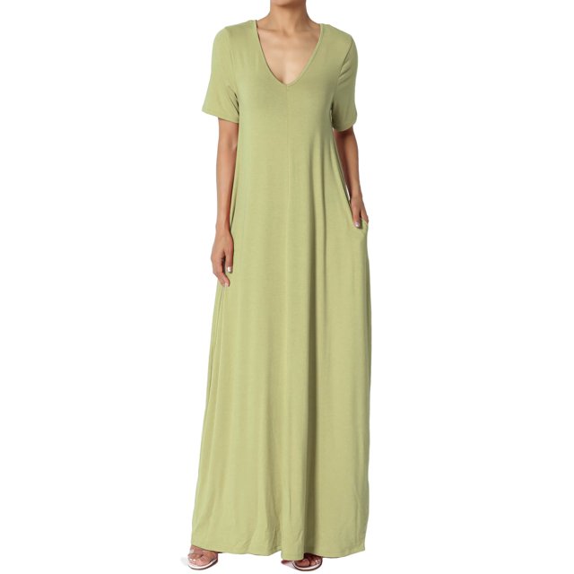 TheMogan Robe Maxi Surdimensionnée en Jersey Doux pour Femmes, Col en V, Manches Courtes avec Poche