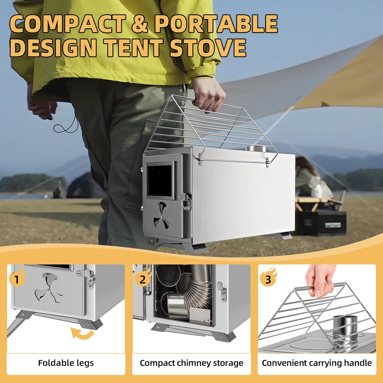 ABORON Portable Camp Wood Stove Stainless Steel Camping Cooking Stove Outdoor Wood Burning Stove with Chimney, Firebox Hot Camping Tent Stove for BBQ, Hiking, Fishing, Hunting