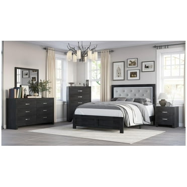 Modern 6pc Queen Size PU Upholstered LED Headboard Bed Dresser Mirror Nightstands Chest Wooden Bedroom Furniture Set Black Finish