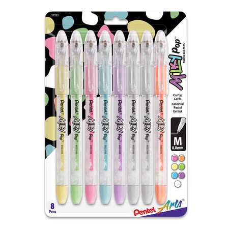 Pentel Arts Milky Pop Pastel Gel Pen, (0.8mm) Medium Line, Assorted Ink (F/G/K/P/S/V/2W), 8-Pk