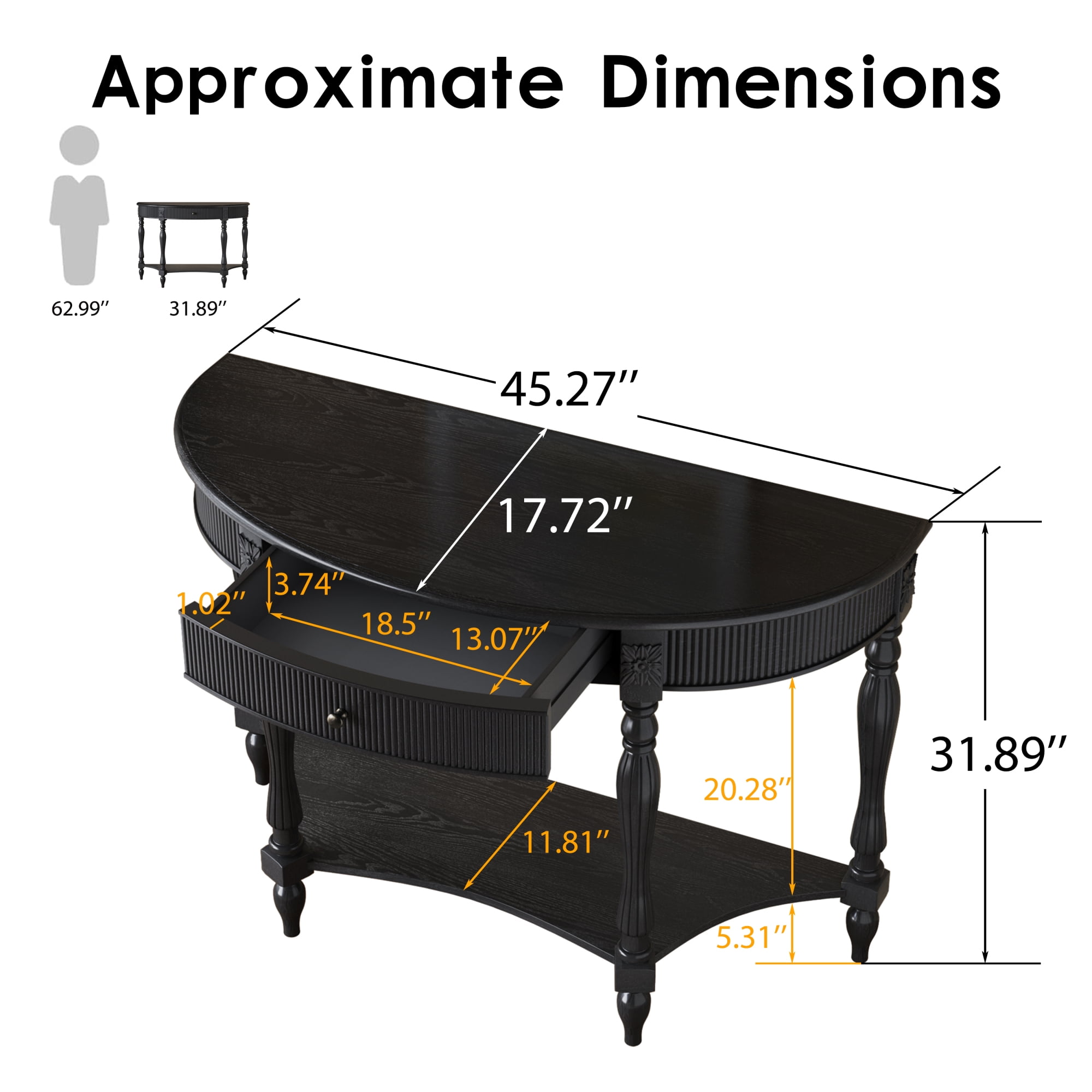 Accent Console Table with Semicircle Tabletop, Drawer & Shelf, Fluted Vintage Entryway Display Table, Sofa Table with Roman Legs