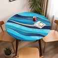 thumbnail image 5 of Blue Gold Wave Elastic Fitted Round Table Cover Abstract Art Waterproof Outdoor Tablecloth for Holiday Party, Picnic, Patio & Dining Fits Tables Up to 55"-60", 5 of 8