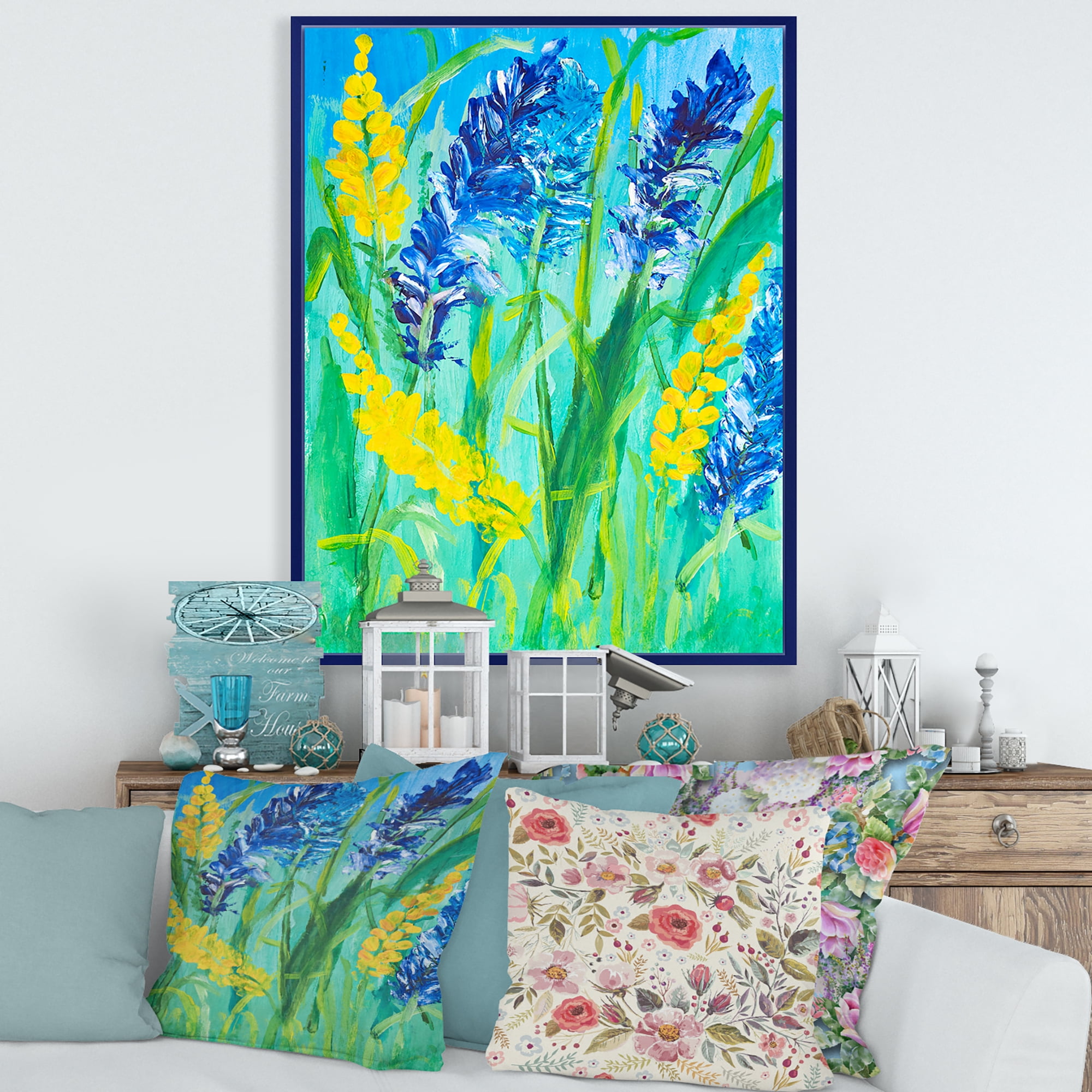 Designart 'Yellow and Blue Wild Flowers and Grass Gouache' Traditional Framed Canvas Wall Art Print