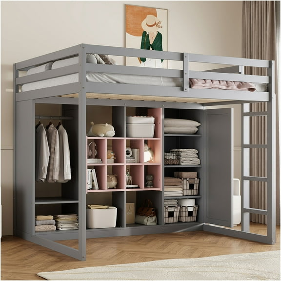 JERFIT Full Wood Loft Bed with Wardrobe and Cabinet, Gray Pink