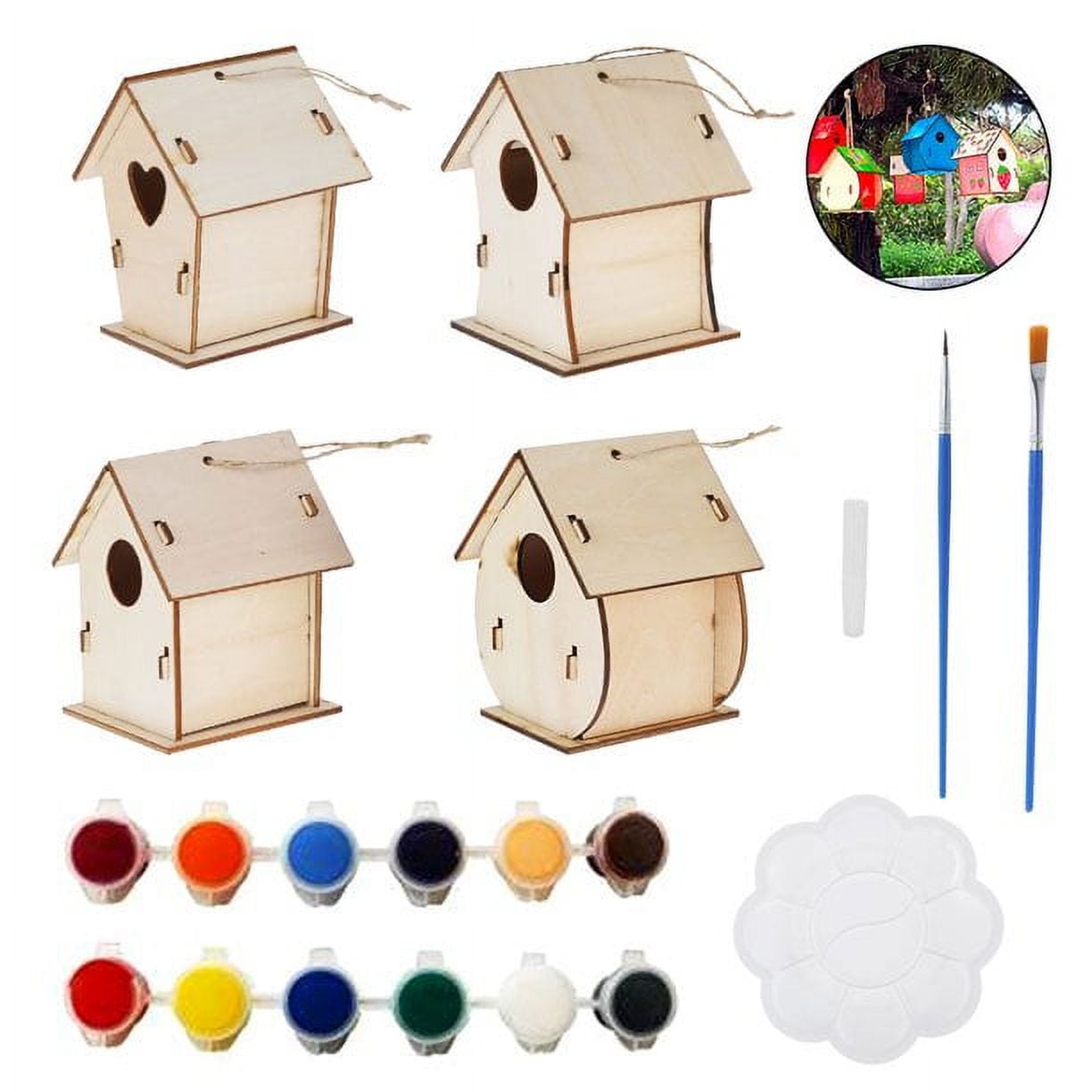 4 Pack Bird House Crafts for Kids Ages 5-8 8-12, Art Craft Wood Toys for Kids, Arts and Craft Projects with Paint & Brushes, DIY Bird House Kit Painting for Children's Day Gift Boy Girl