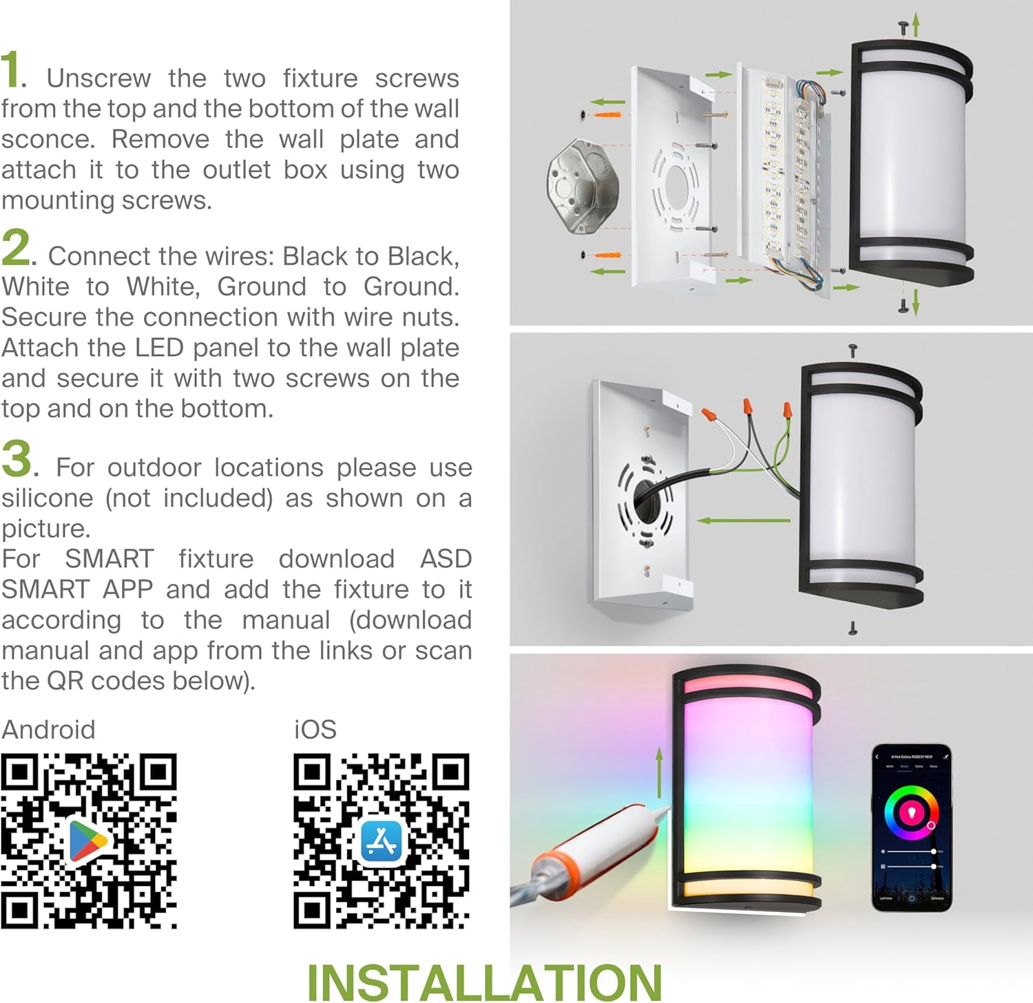 ASD 10 Inch Smart RGBW LED Outdoor & Indoor Wall Mount Light Fixture - Black RGB Wall Sconce Exterior Lighting - 120-277V 15W 2700-6500K Dimmable, Remote Control, Alexa - Front Door, Patio ETL 2 Pack