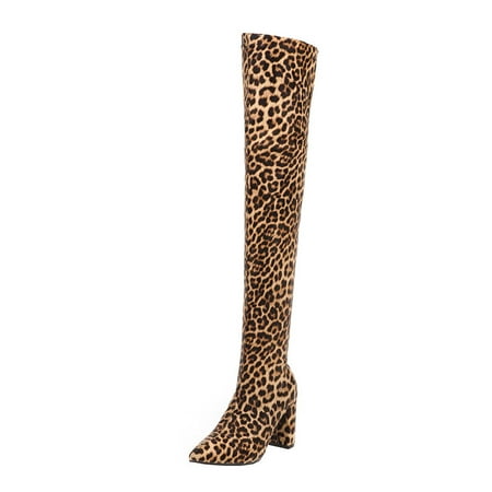 

Tepsmf Knee High Boots Women Stretch Knit Thick Heel Pointed Toe Women s Boots Are Thin Leopard Print Boots Over The Knee Long Boots