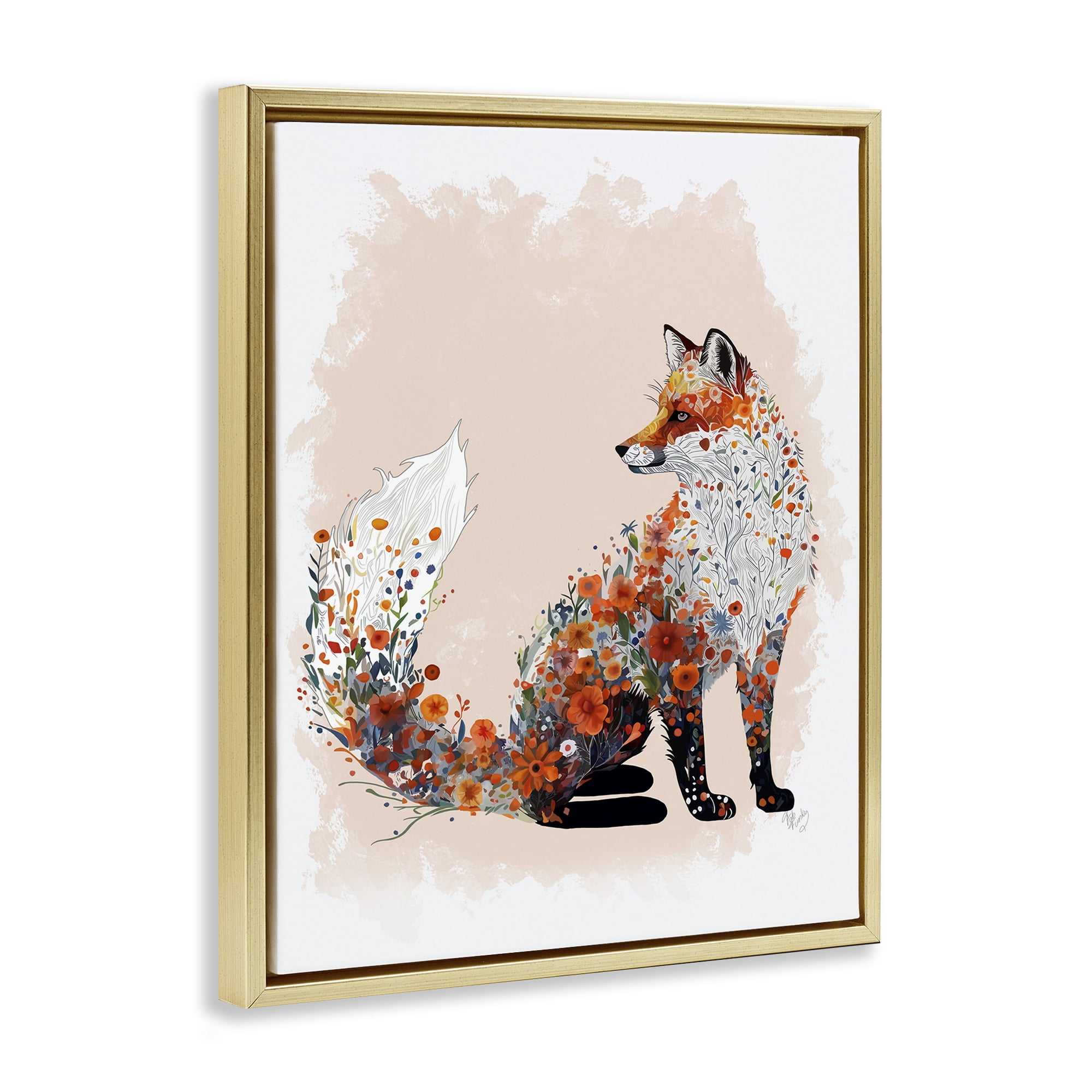 Stupell Industries Wildflower Patterned Fox Animals & Insects Painting Gold Floater Framed Canvas Art Print Wall Art, 25 x 31