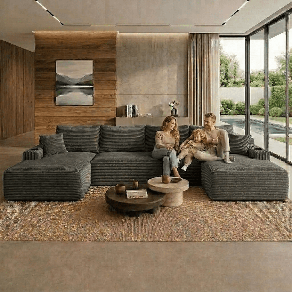 126" Oversized U Shaped Modular Sectional Sofa, Deep Seat Cloud Couch, Boneless Corduroy Compression Sofa, No Assembly, Modern Couch for Living Room, Grey