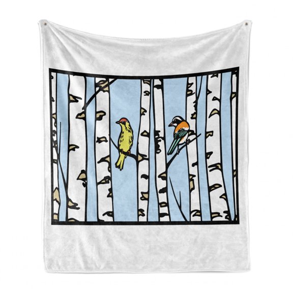 Cartoon Soft Flannel Fleece Throw Blanket, Birds Sitting on a Birch Trees Winter Forest Rectangle Frame, Cozy Plush for Indoor and Outdoor Use, 50" x 70", Baby Blue White, by Ambesonne