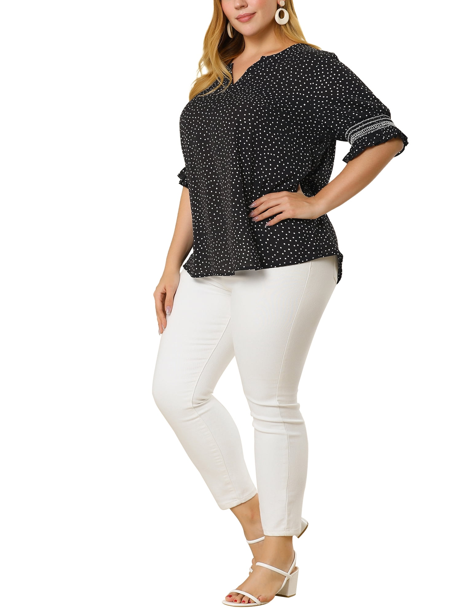 Unique Bargains Women's Plus Size Dots Heart Smocked Short Sleeve Blouse 1X Black