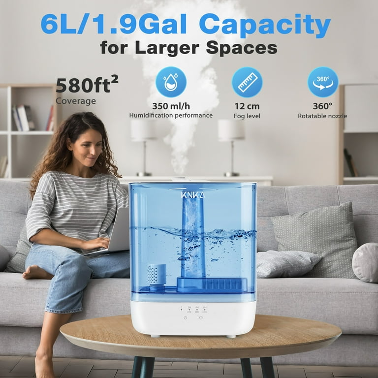 KNKA Humidifier, 6L Humidifier for Room, Cool Mist Humidifier for Home, Baby, and Bedroom, Quiet, Top-Fill, 360° Nozzle, 60-Hour Runtime, White KNKA Humidifier, 6L Humidifier for Room, Cool Mist Humidifier for Home, Baby, and Bedroom, Quiet, Top-Fill, 360° Nozzle, 60-Hour Runtime, White