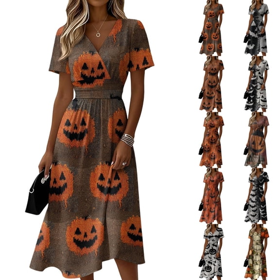 Halloween Dresses for Women Witch Hat V Neck Bat Cute Wedding Guest Dress Pumpkin Short Sleeve Vintage Wrap Dresses XL