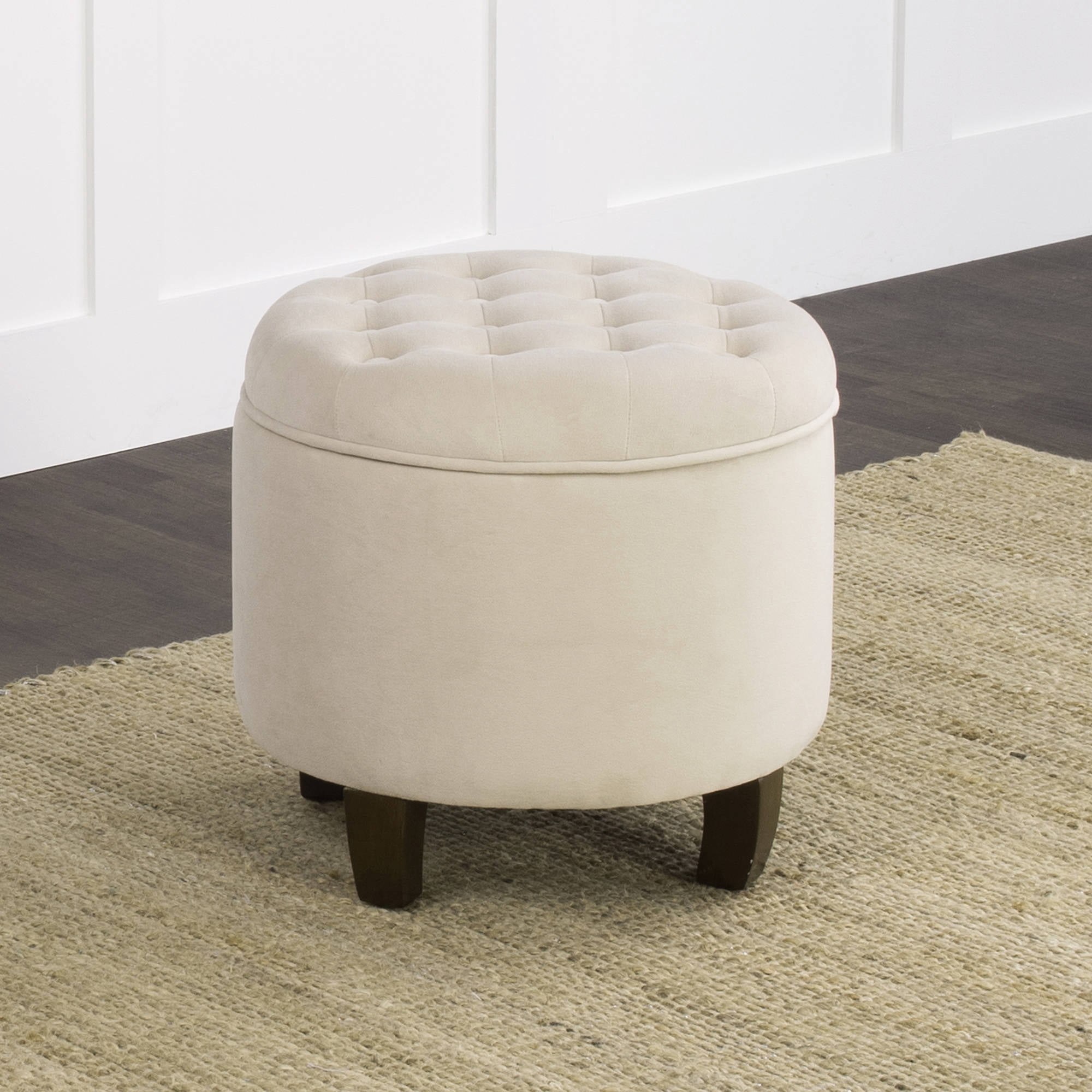 Ember Interiors Velvet Round Storage Ottoman, Beige