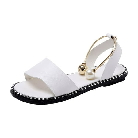 

Lyinloo Sandals Women Flat Slippers Open Toe Pearl Comfy Beach Roman Shoes Flip Flop White 40