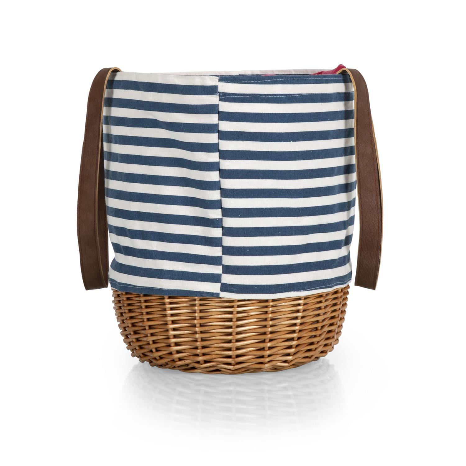 Picnic Time Coronado Canvas and Willow Basket Tote with Drawstring Closure and Wicker Base, Navy Blue & White Stripe