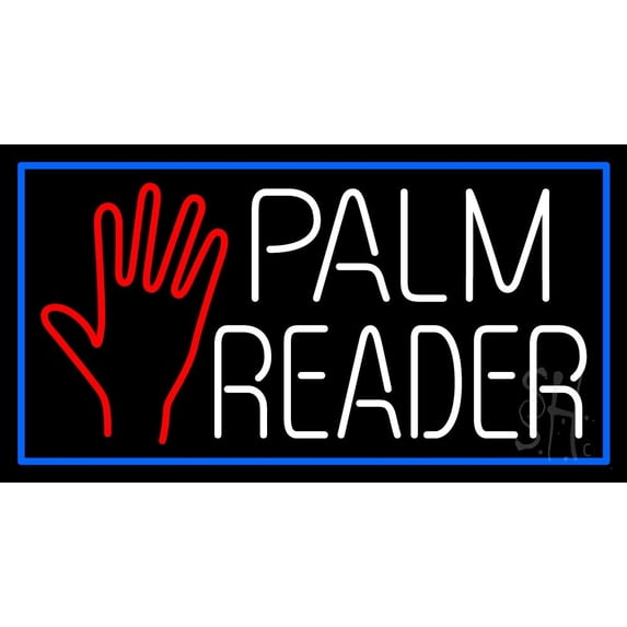 White Palm Reader With Blue Border LED Neon Sign 20" Tall x 37" Wide - inches Black Square Cut Acrylic Backing, with Dimmer - Bright and Premium built indoor LED Neon Sign for Storefront.