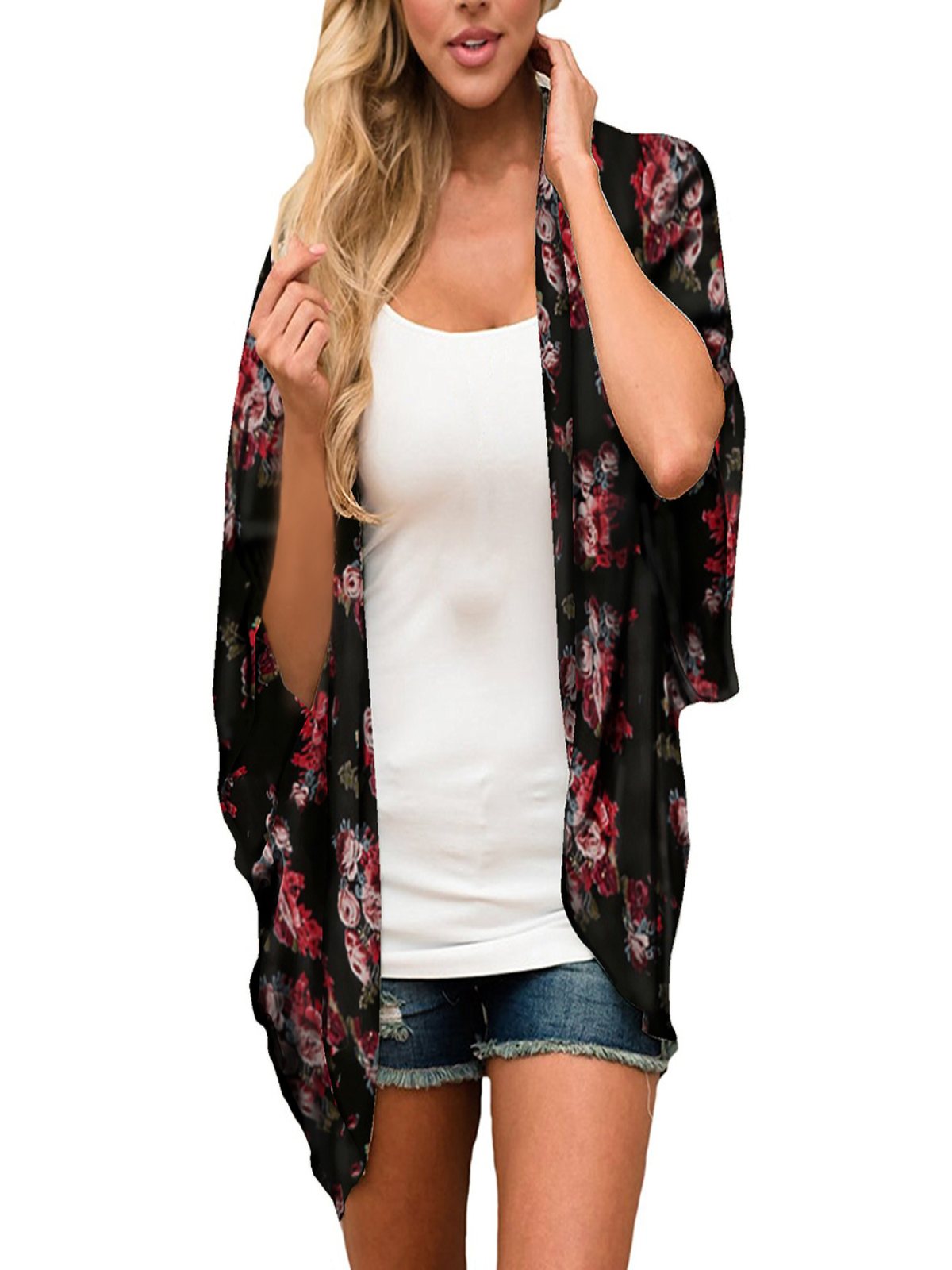 Luxsea Women's Floral Chiffon Kimono Cardigans Loose Beach Cover Up ...