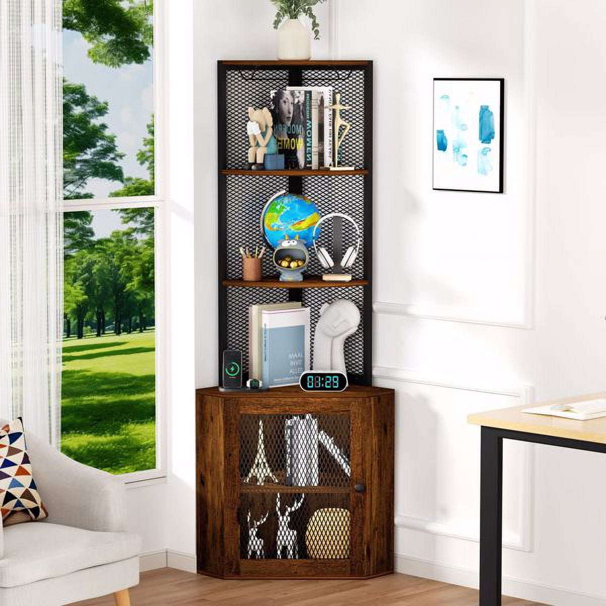 Corner Shelf with Doors, 65" Corner Cabinet & Wine Glass Rack, 6 Tier Bookshelf Display, Freestanding Corner Storage Stand for Kitchen, Living Room, Balcony