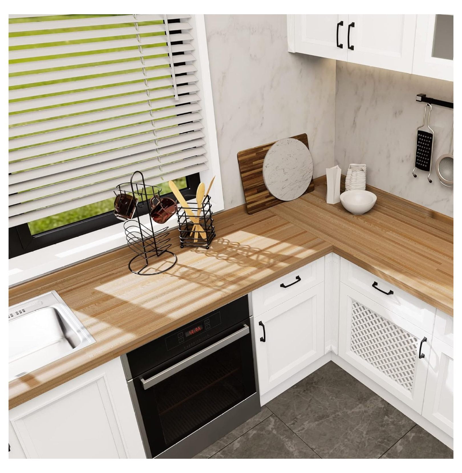 Hard maple wood grain and surface texture of butcher block countertop