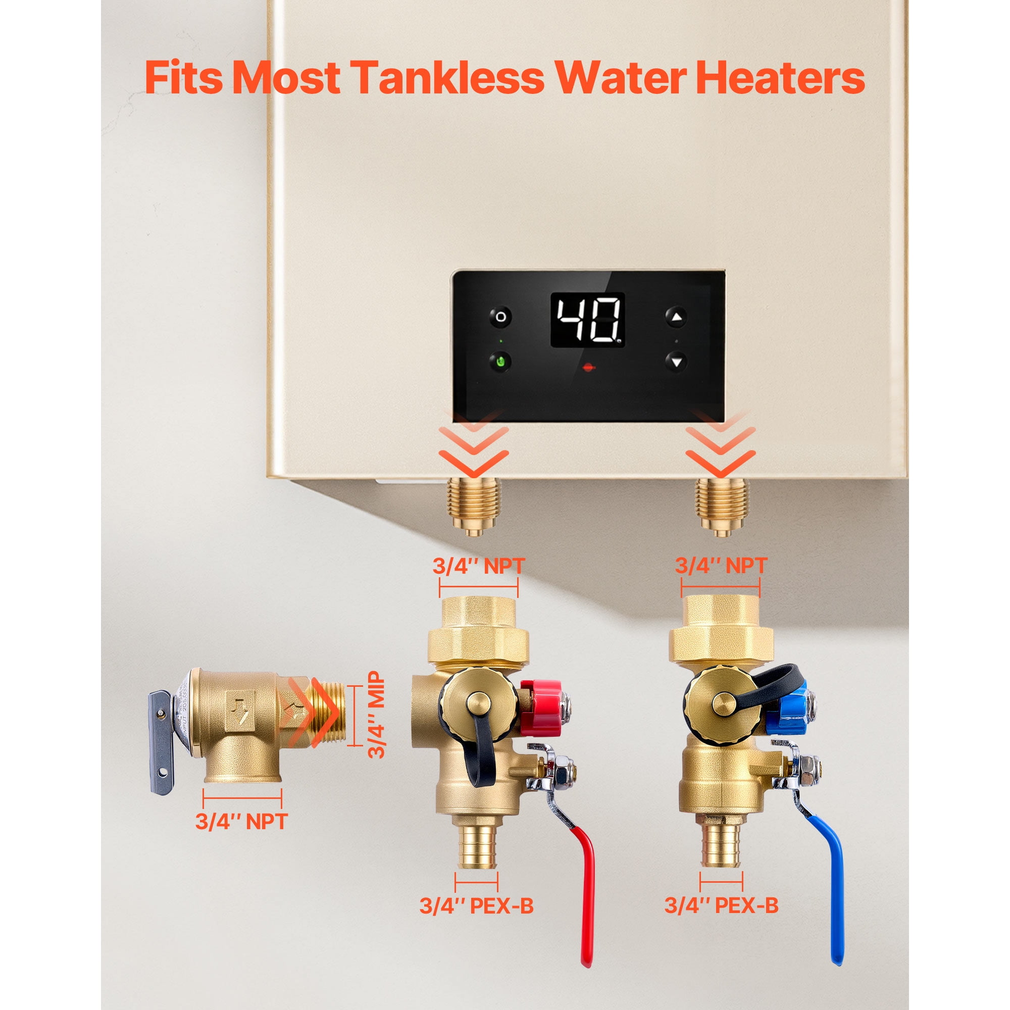 KFFKFF Tankless Water Heater Service Valve Kit, 3/4 Inch with 2PCS 3/4″ NPT to 3/4″ PEX-B Isolation Valves, Pressure Relief Valve, Lead-Free Brass, Compatible with Most Tankless Water Heaters