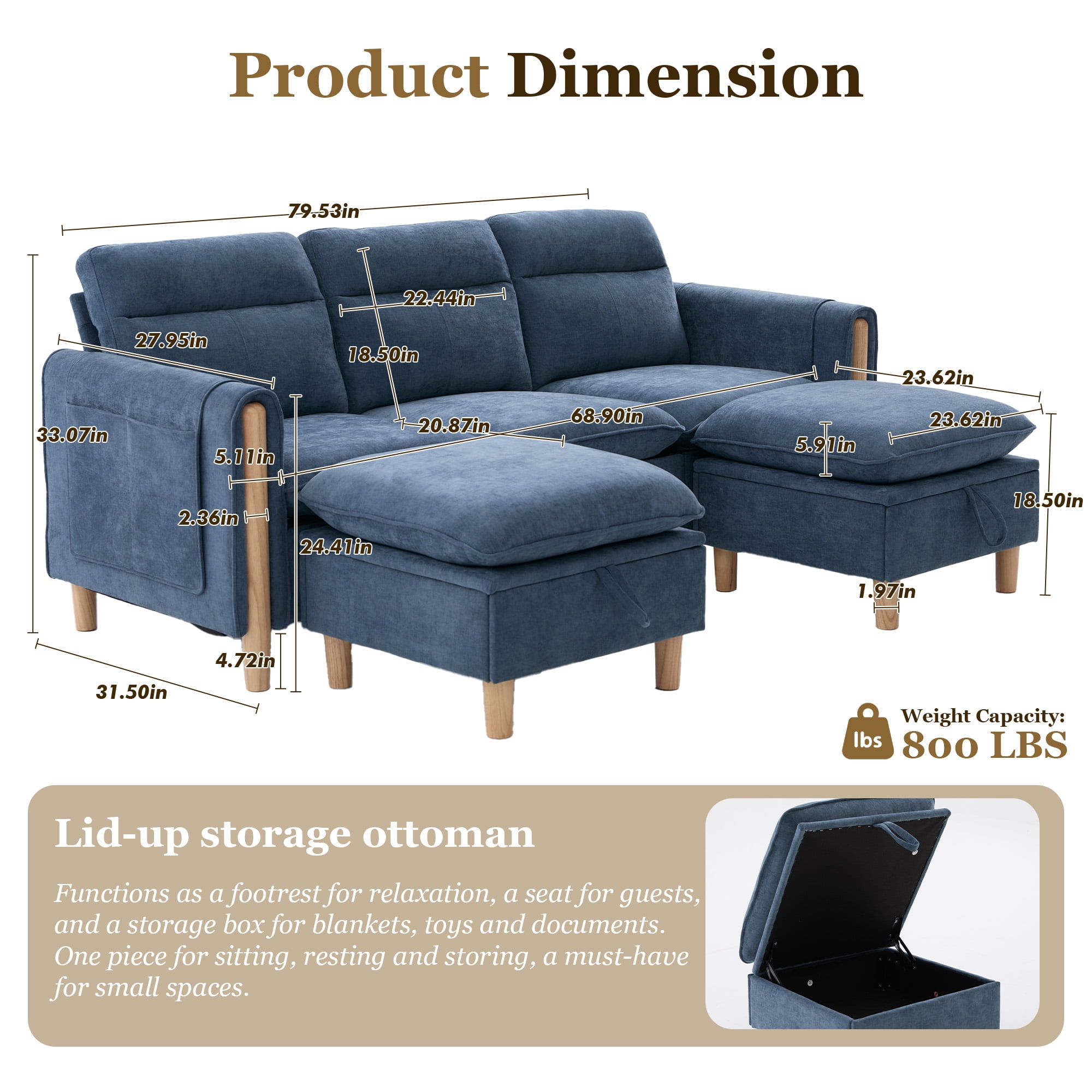 MOONMISS 3-Seater Chenille Sectional Sofa with 2 Storage Ottoman & Side Pocket Convertible Chaise Lounge for Living Room,Blue