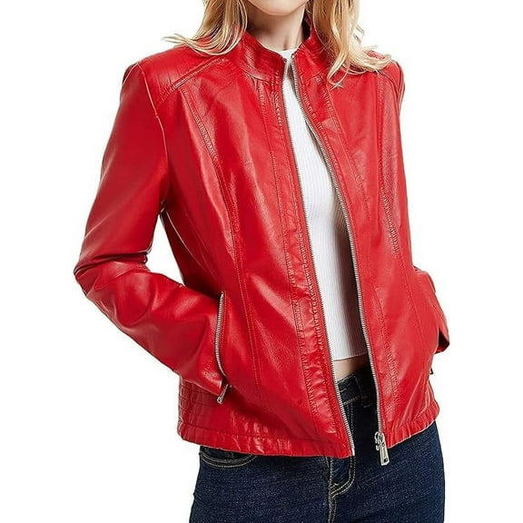 Women's Genuine Bright Red Lambskin Leather Jacket Motorcycle Slim Fit Biker Jacket W266