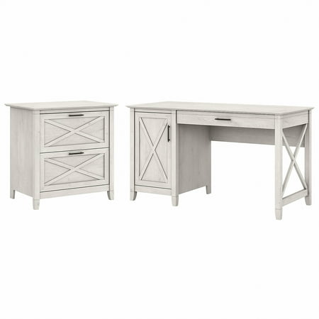 UPC: 0042976135577 | Bush Furniture Key West 54W Computer Desk with Storage and 2 Drawer Lateral File Cabinet in Linen White Oak