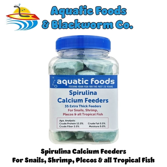 Aquatic Foods Inc. Spirulina Enriched Calcium Feeders for Shrimp, Snails, Crabs, Crayfish, Pleco, Catfish, All Tropical Fish…35 Count Sm Jar