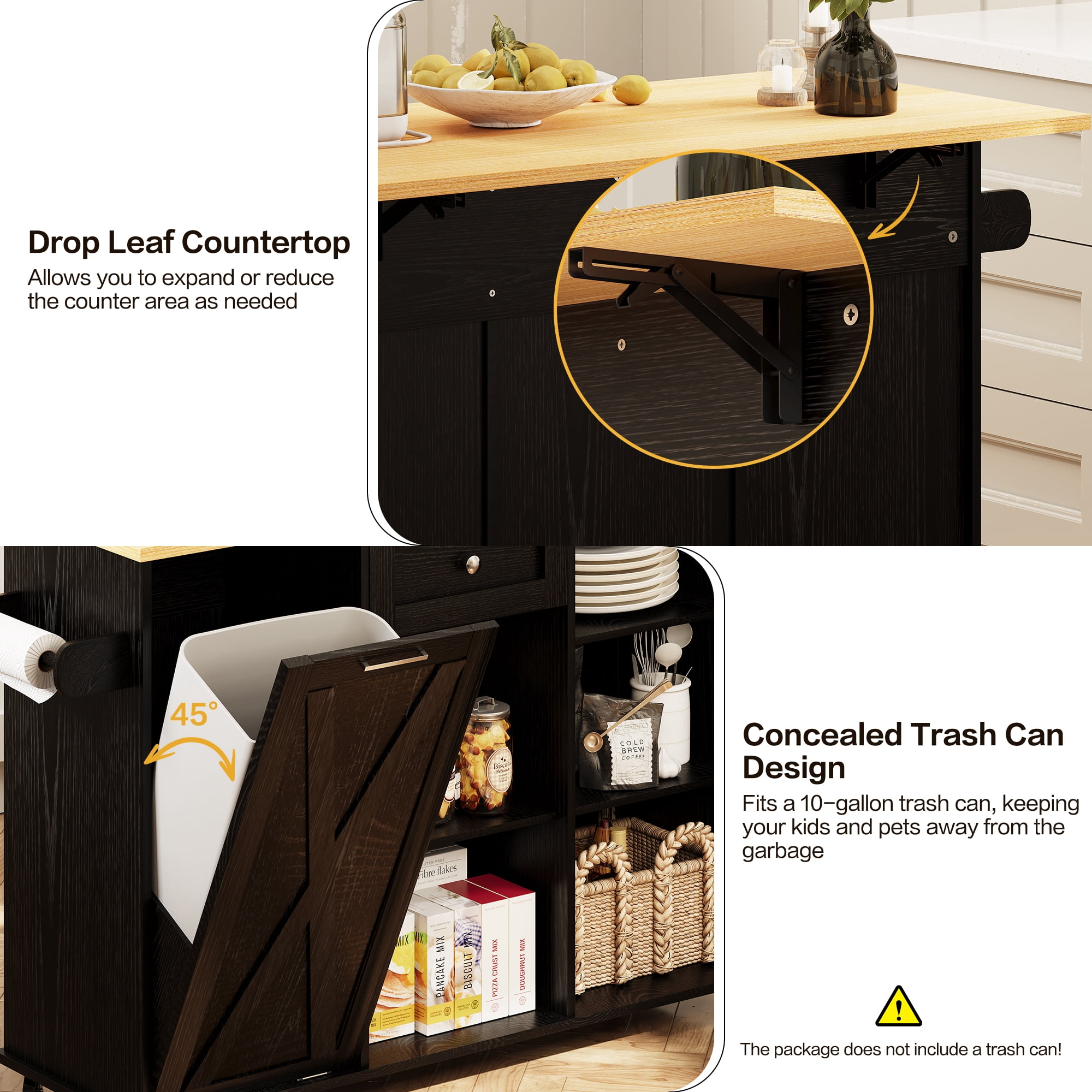 spanspace 48" Kitchen Island Cart with Drop Leaf , 10 Gallon Storage and Tilt Out Trash Can Cabinet , Portable Kitchen Island with Wheels Drawer and Adjustable Shelves for Kitchen, Black