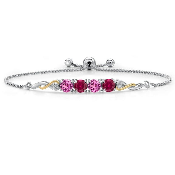 925 Silver and 10K Yellow Gold Pink Created Sapphire and Red Created Ruby and White Lab Grown Diamond Bracelet for Women | 2.32 Cttw | Gemstone September Birthstone | Round 5MM | Fully Adjustable 9"