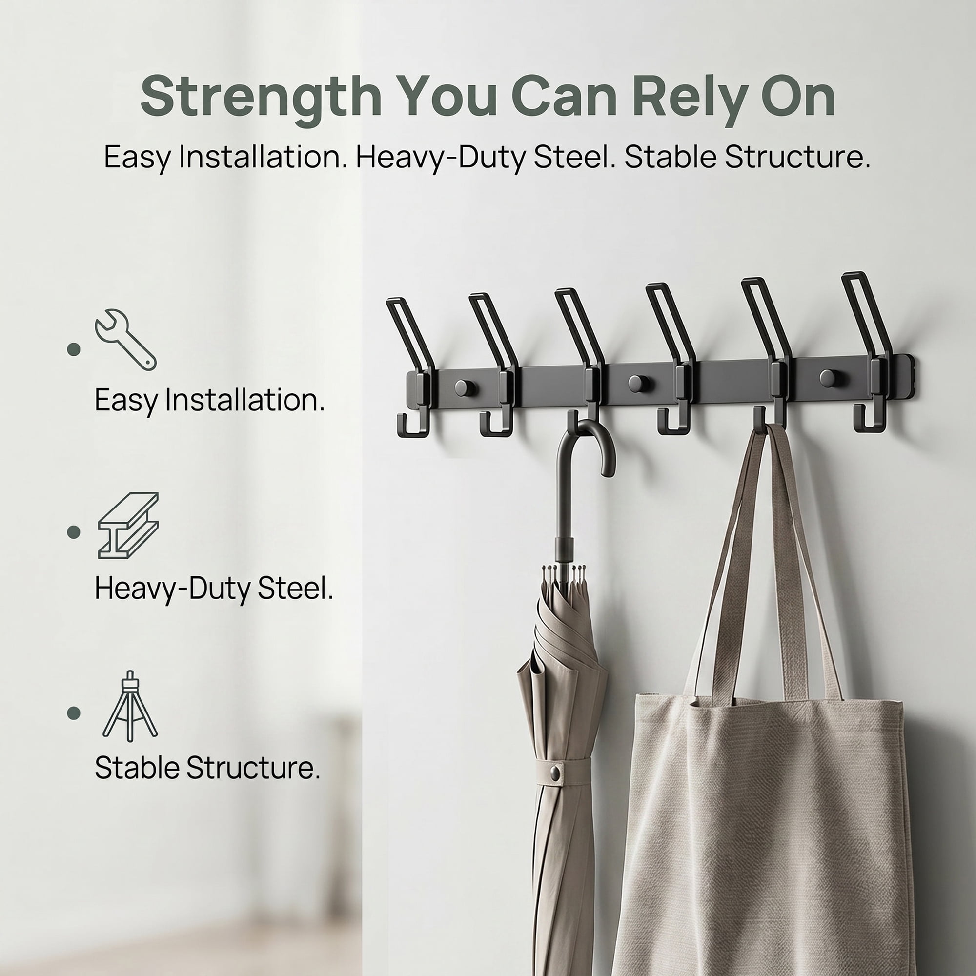 Unique Bargains Wall Mount Coat Rack Hook for Bathroom Organization Black 7 Hooks