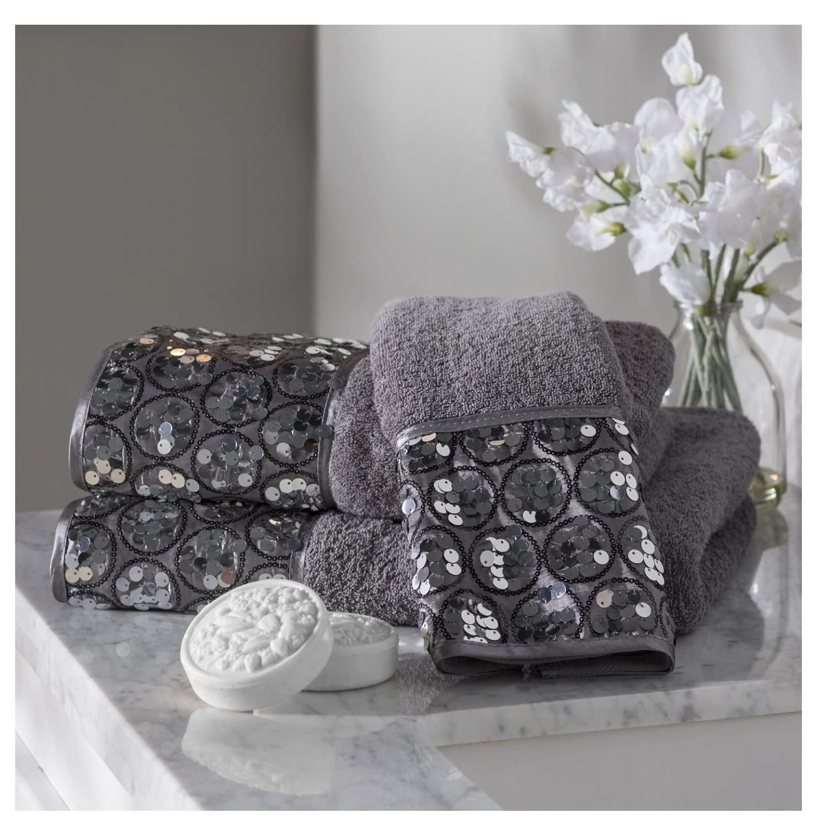 Sinatra Modern Bathroom Towel Set 3 Piece Bath, Hand and Wash Towel Luxury Contemporary Decor Bling , Soft, Plush and Highly Absorbent, Silver