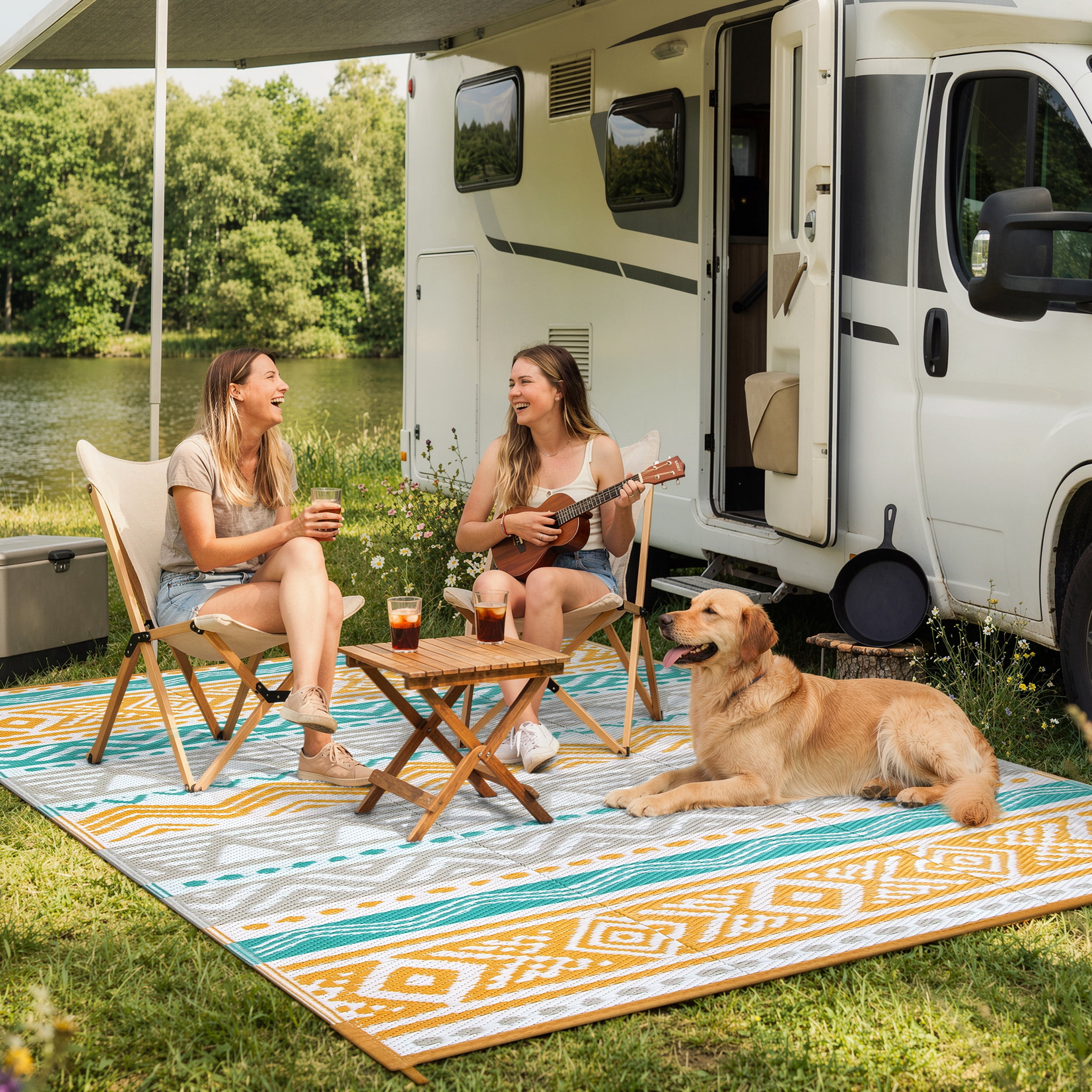 Moynesa Outdoor Rug Waterproof, 4'x6' Lightweight Plastic Straw Rug for Camping RV, Reversible Outside Carpet for Patio Deck Porch Balcony Picnic Tent, Blue/Yellow