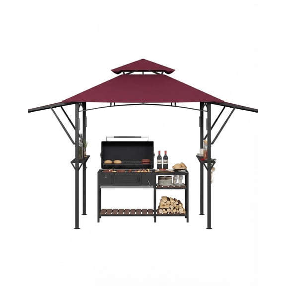 8x5 Outdoor Grill Gazebo BBQ Canopy, Double Tier Vented Roof, Adjustable Awnings, Heavy Duty Patio BBQ Shelter with LED Lights & Hooks