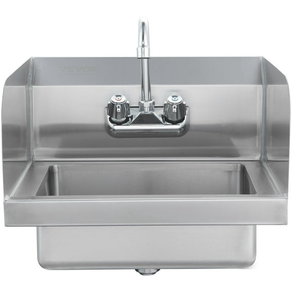 NSF Stainless Steel Commercial Hand Sink with Faucet & Side Splash, 17x12.8 Inch Wall Mount Hand Washing Basin for Kitchen, Restaurant, Bar, Garage – Easy Clean Compact Design
