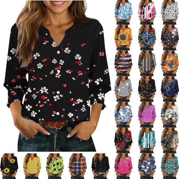 Danhjin Print Button Down Shirts for Women 3/4 Sleeve Loose Colorful Fashion Shirts Casual Going out Fall Summer Spring Tops