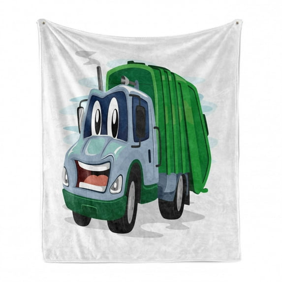 Garbage Truck Soft Flannel Fleece Blanket, Mascot Cartoon Illustration of a Trash Vehicle with a Weird Smile Funny Theme, Cozy Plush for Indoor and Outdoor Use, 70" x 90", Multicolor, by Ambesonne