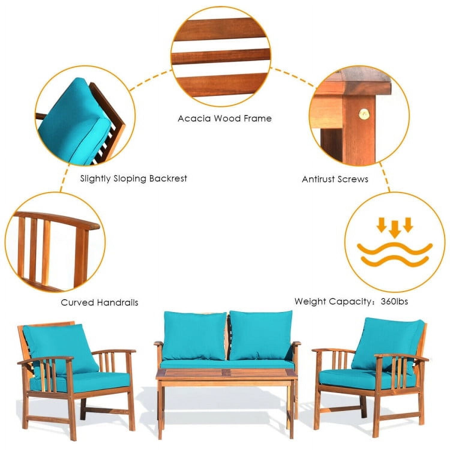 Aimee Lii 4 Pieces Wood Outdoor Furniture, Wooden Patio Furniture Set with Table, Sofa Chair, Cushioned, Turquoise Aimee Lii 4 Pieces Wood Outdoor Furniture, Wooden Patio Furniture Set with Table, Sofa Chair, Cushioned, Turquoise