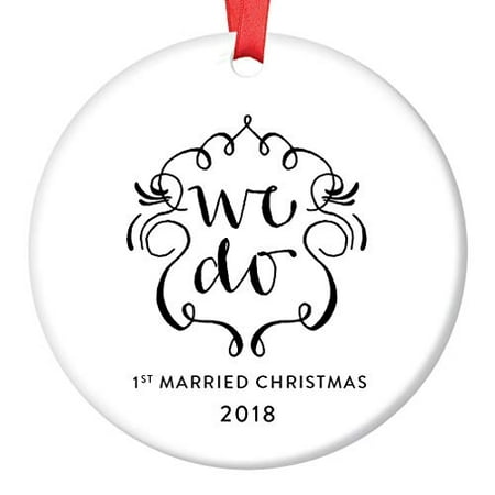- First Year Married 2018 Christmas Tree Ornament Pretty WE DO Newlywed Couple's 1st Holiday Marriage as Mr. & Mrs. Ceramic Collectible 3