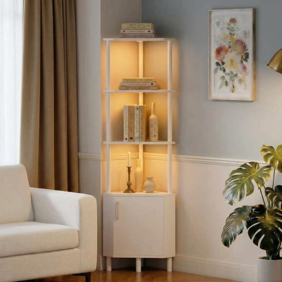 Corner Bookshelf with Built-in LED Lights, 59 Inch Tall Space-Saving Corner Storage Rack, Industrial Style Display Shelf for Living Room Bedroom Office, Retro Color or White