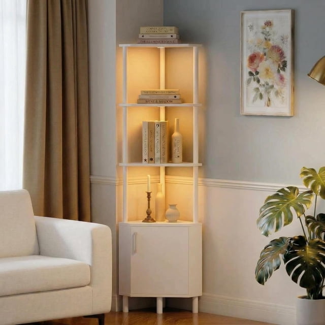 Corner Bookshelf with Built-in LED Lights, 59 Inch Tall Space-Saving Corner Storage Rack, Industrial Style Display Shelf for Living Room Bedroom Office, Retro Color or White